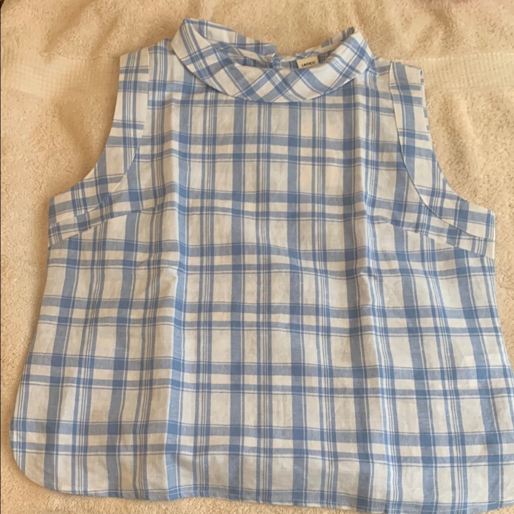 Women's Sz L, Sleeveless Top, Blue & White Plaid, 100% linen, collar. Cute!